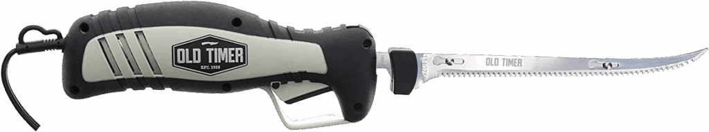 Old Timer corded electric fillet knife with black and gray handle and stainless steel blade