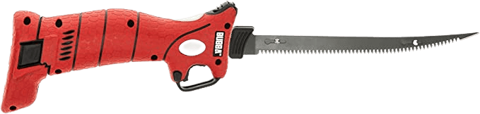 Bubba cordless electric fillet knife with red textured grip and curved stainless blade