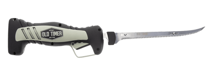 Old Timer cordless electric knife with gray and black ergonomic handle and serrated blade